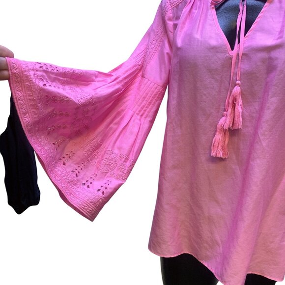 Kobi Halperin Pink Blouse With Embroidered Bell Sleeves, Size Small - Picture 3 of 6